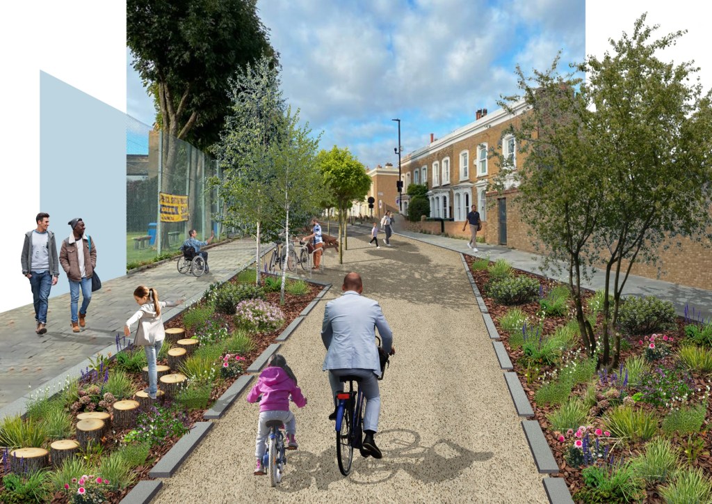 Visualisation showing potential future layout of one of the filter locations - an adult and a child cycles by while other people walk and children play.