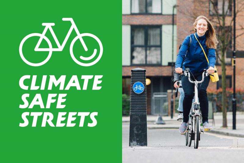 LCC's Climate Safe Streets campaign logo next to image of woman cycling