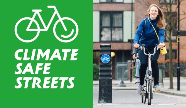 LCC's Climate Safe Streets campaign logo next to image of woman cycling